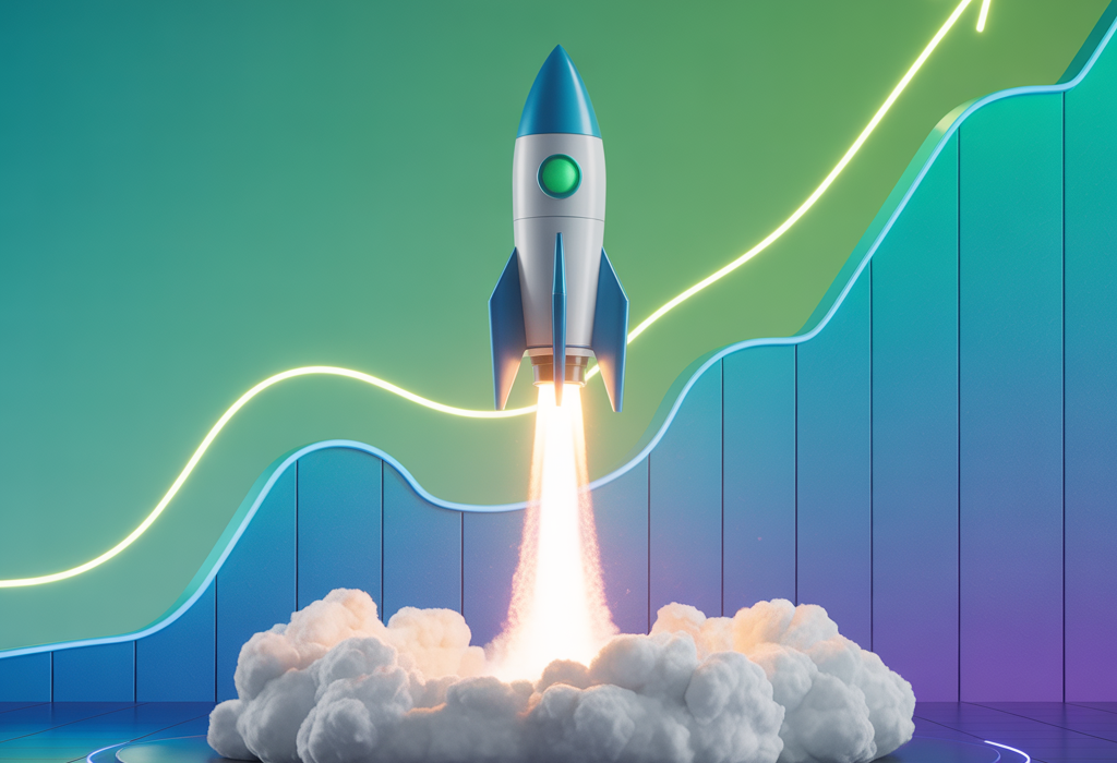 Rocket illustration rising along a growth curve